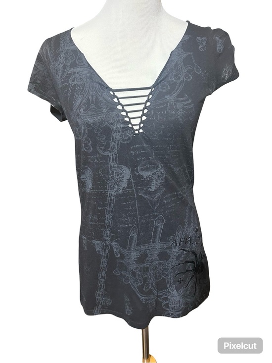 Affliction Tops - Affliction Black Short-Sleeve Strappy V-Neck Graphic Tee